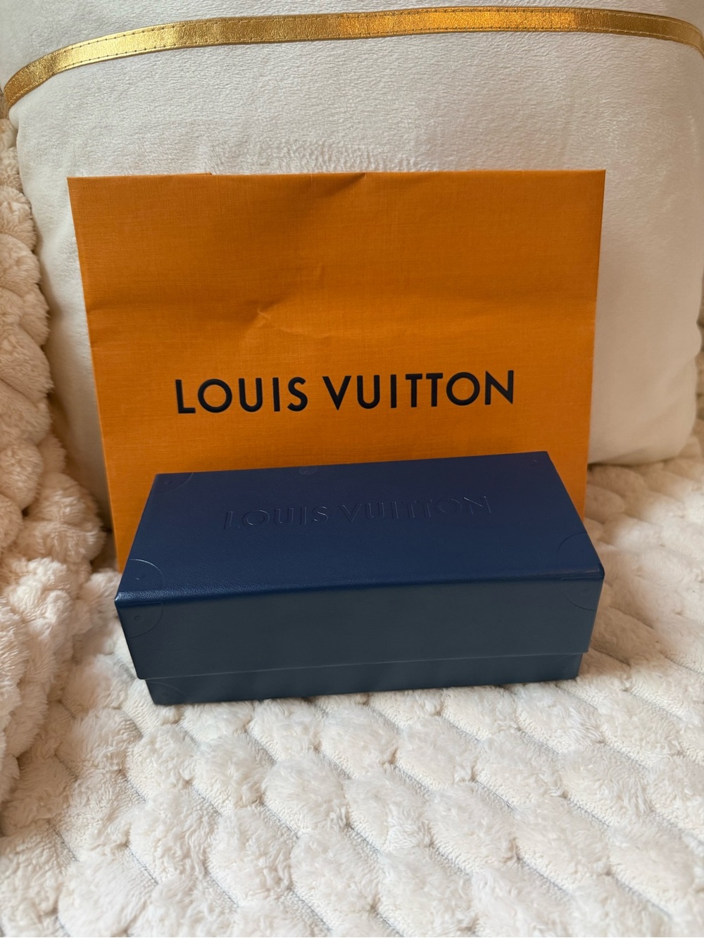 Louis Vuitton Navy Eyewear Case with shopping bag.